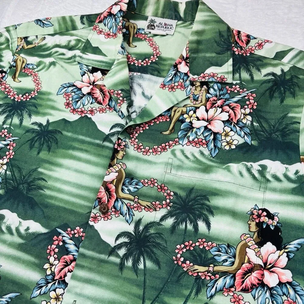 Vintage Aloha Republic Hula Girls Hawaiian Shirt Size Large Made In Hawaii USA - Picture 1 of 14